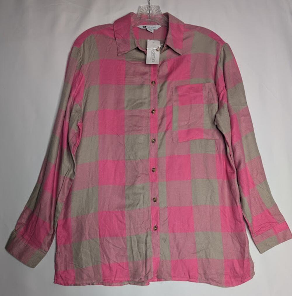 ROCKMANS womens pink tan plaid button down shirt sized 10 NWT Cabincore